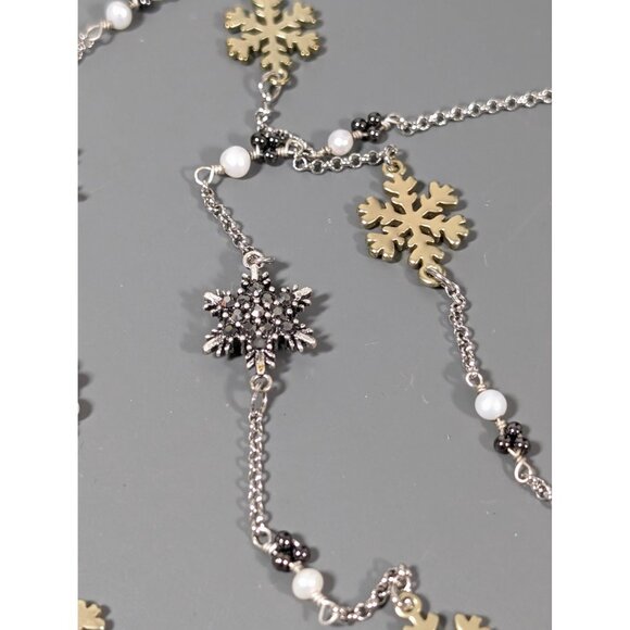 Gray Rhinestone Two Tone Snowflake Station Chain Necklace Pearl Christmas Holida - Picture 5 of 8